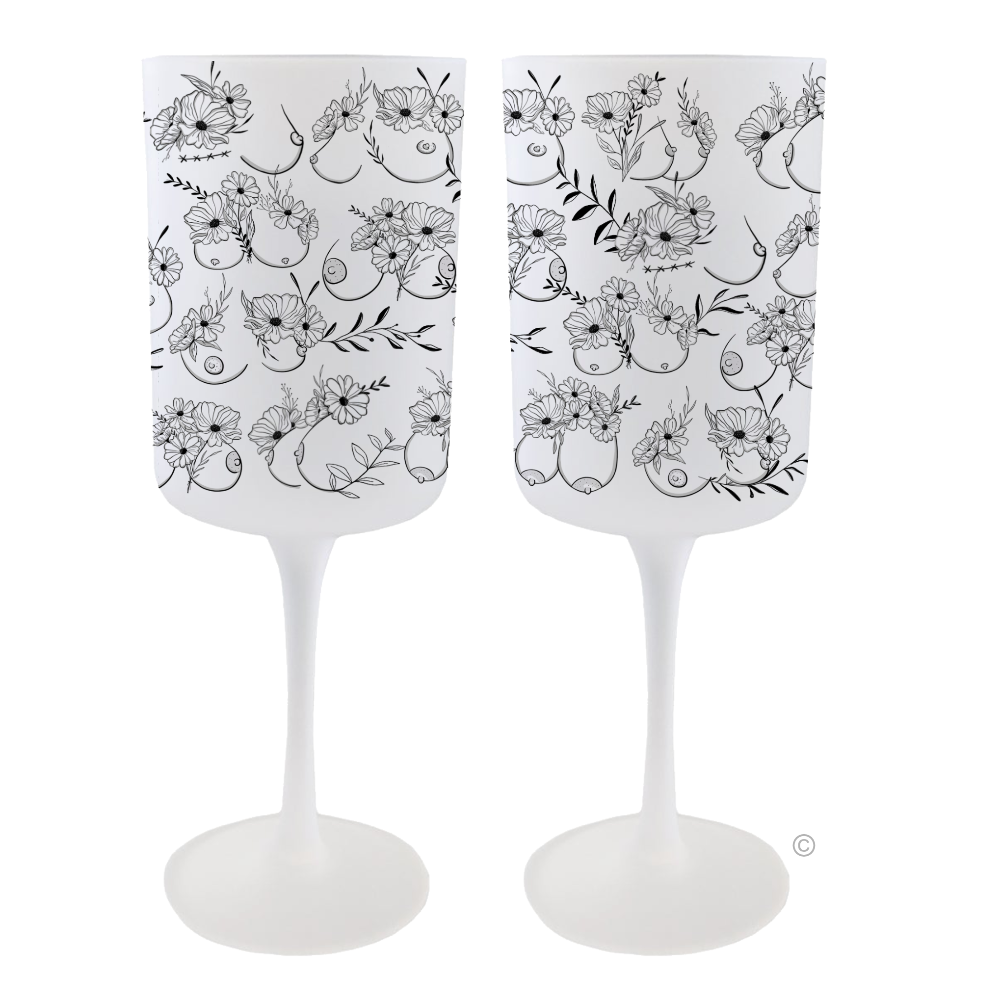 Set of Bloom & Bust Wine Glasses – an elegant yet playful frosted glass design, perfect for any fun celebration.