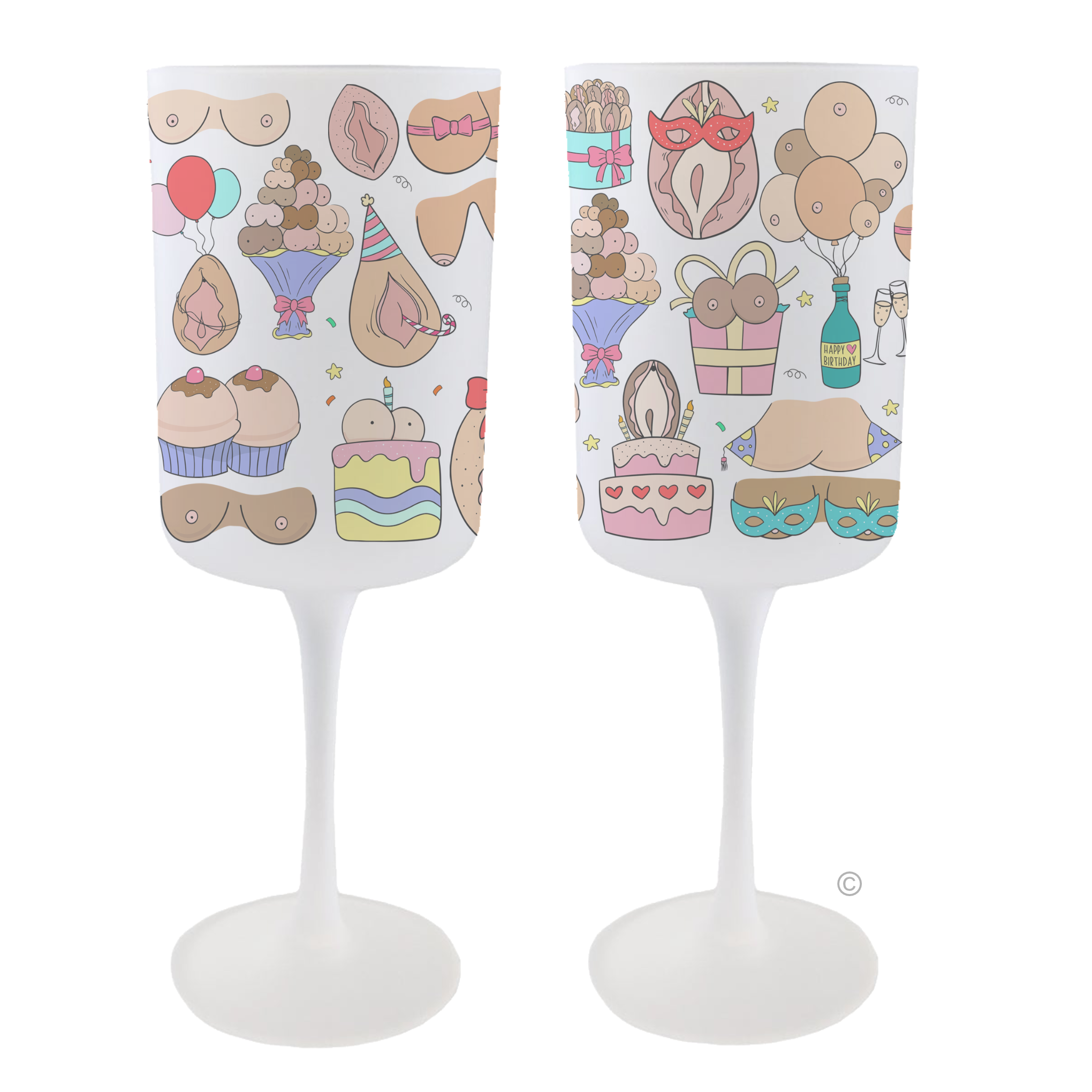 Set of Bust & Bits Birthday Wine Glass – a frosted 275ml design with fun feminine doodles for bold birthday celebrations.