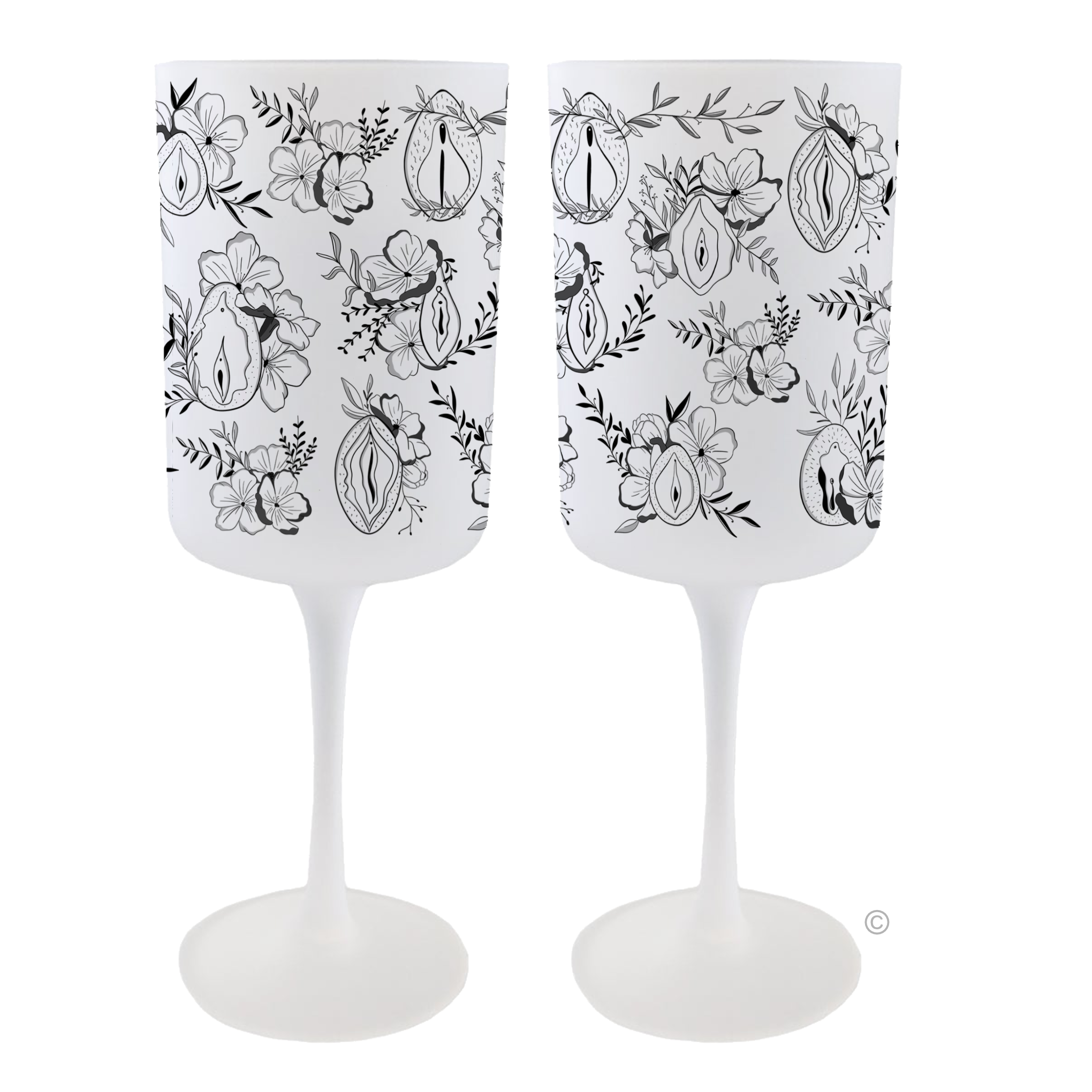 Set of Female Floral Wine Glasses – a frosted design with black flower patterns, perfect for birthdays, weddings, or any special celebration.