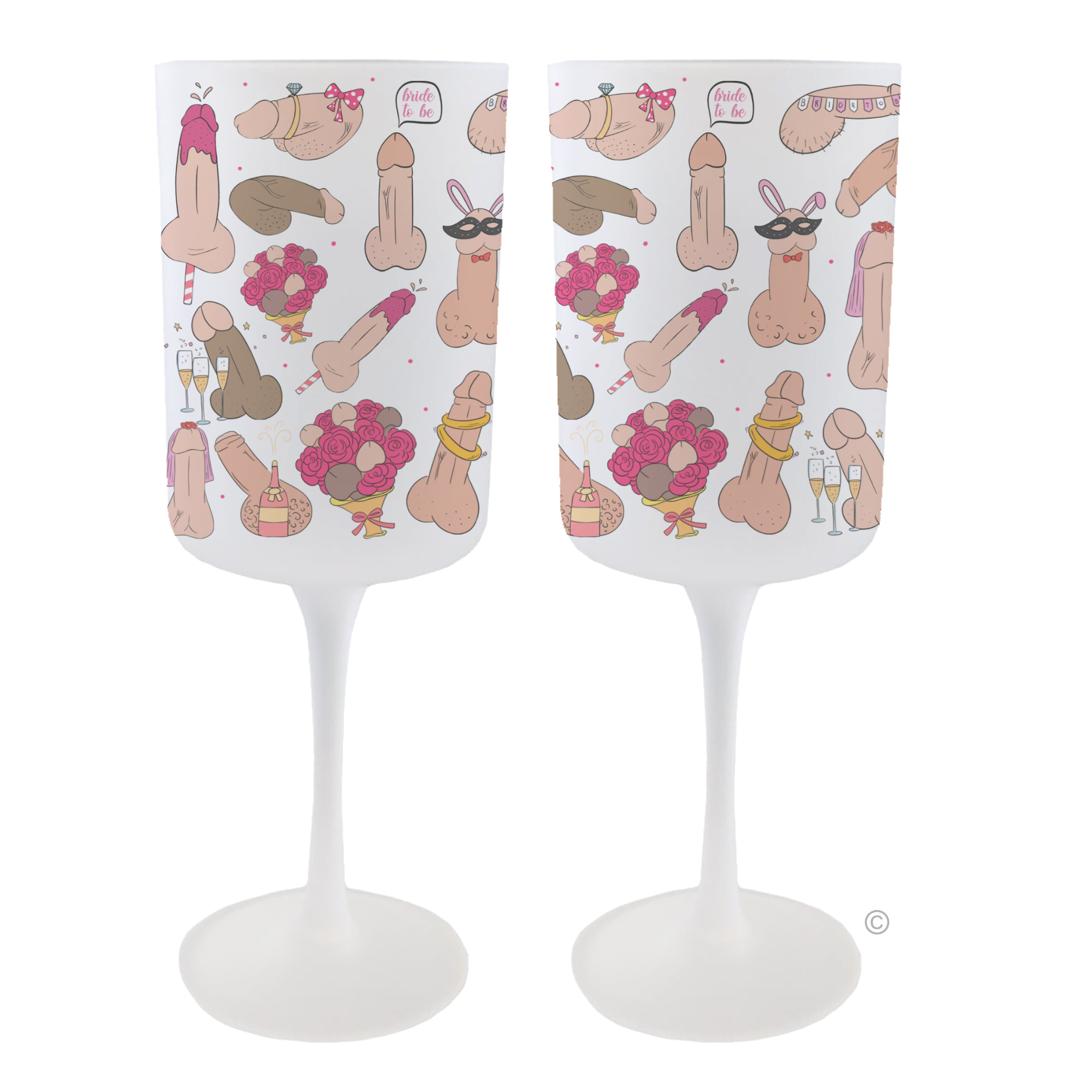 Set of Hen Do Wine Glasses with frosted finish and exclusive playful design, perfect for bride-to-be celebrations.