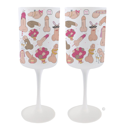 Set of Hen Do Wine Glasses with frosted finish and exclusive playful design, perfect for bride-to-be celebrations.
