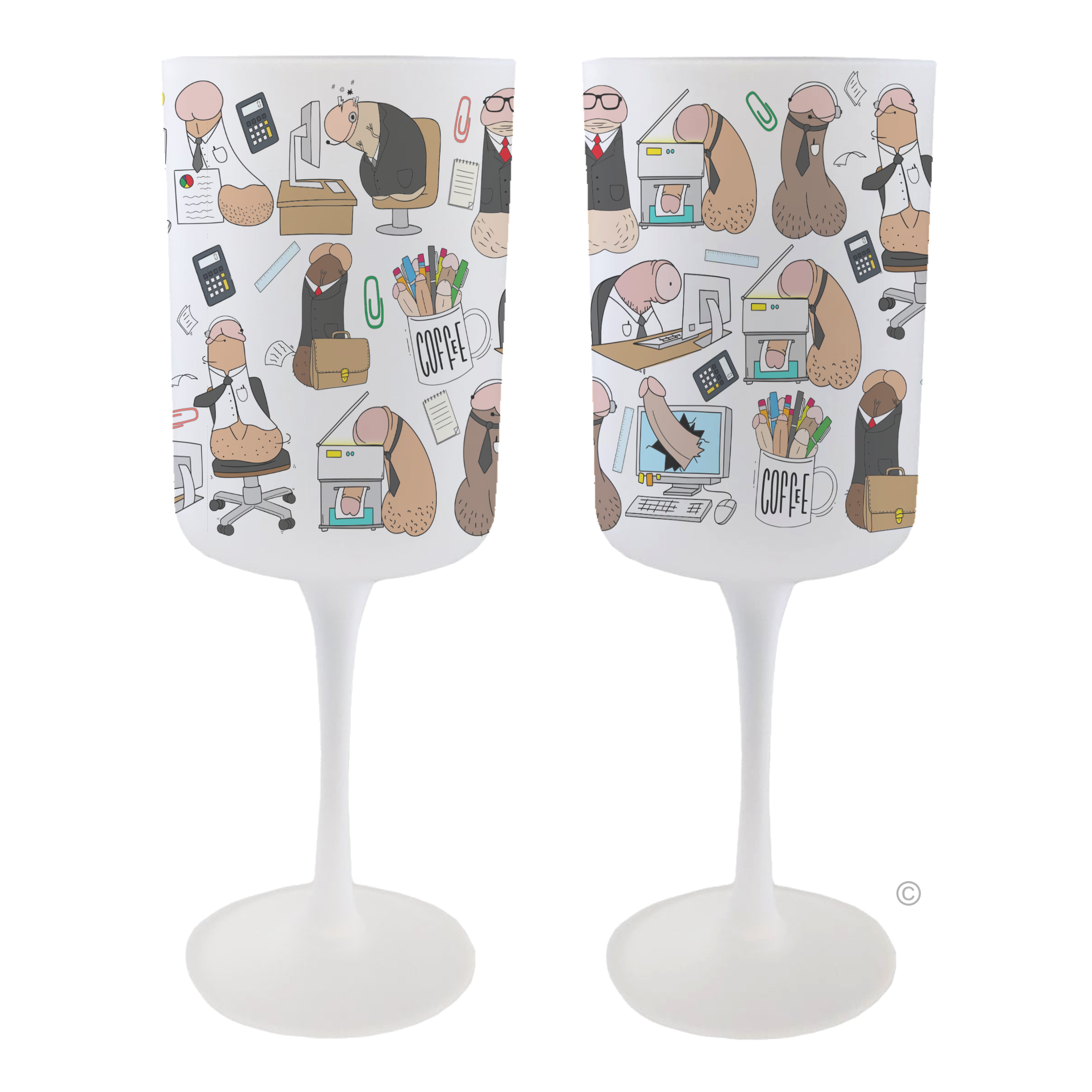 Set of Office Dick Wine Glasses – a frosted adult novelty, perfect as a funny co-worker or office gift.