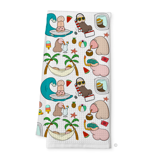 Summer Vibes Willies Tea Towel – a fun, cheeky, and vibrant holiday-themed kitchen towel.