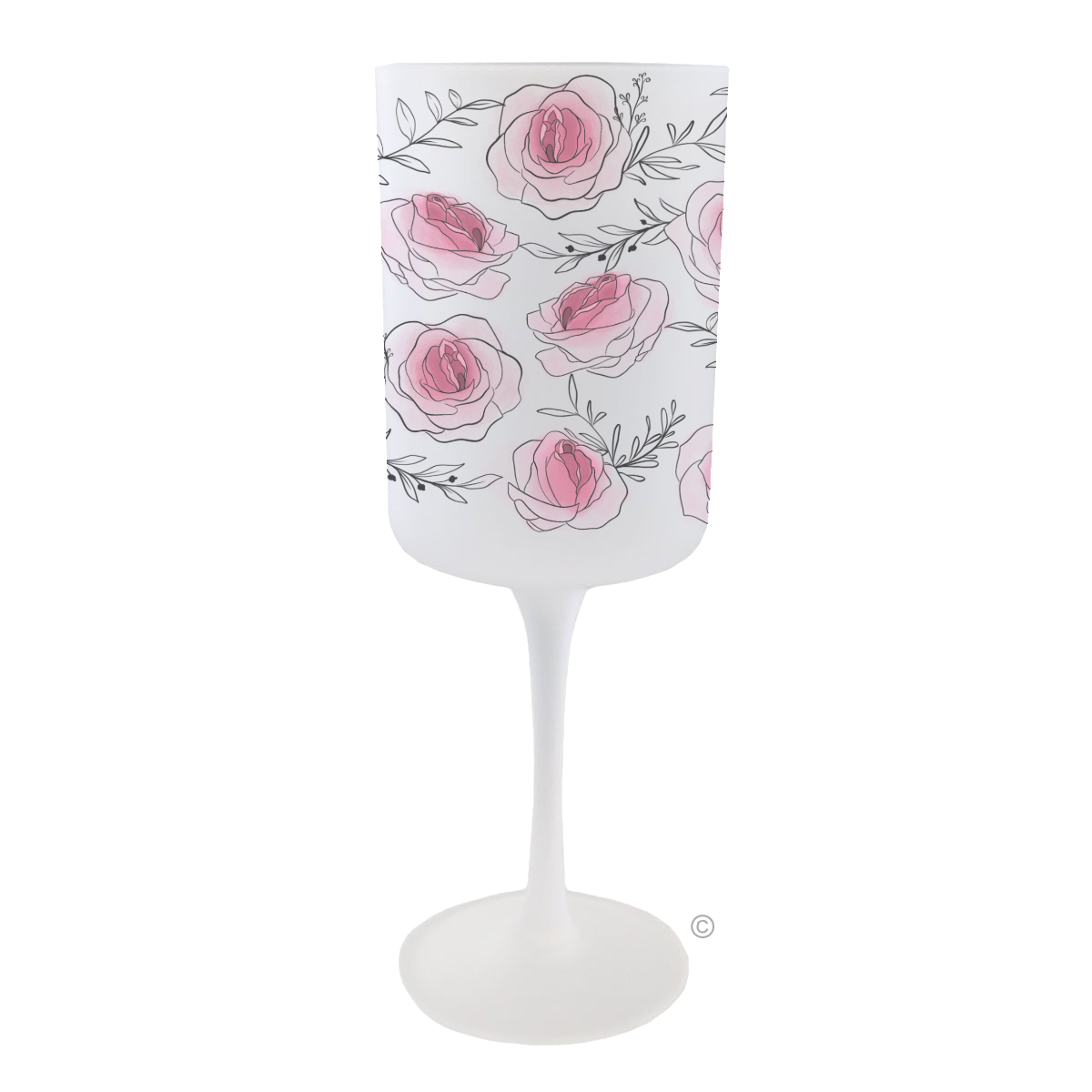 Vulva Roses Wine Glass – a frosted goblet with subtle feminine details and elegant floral design.