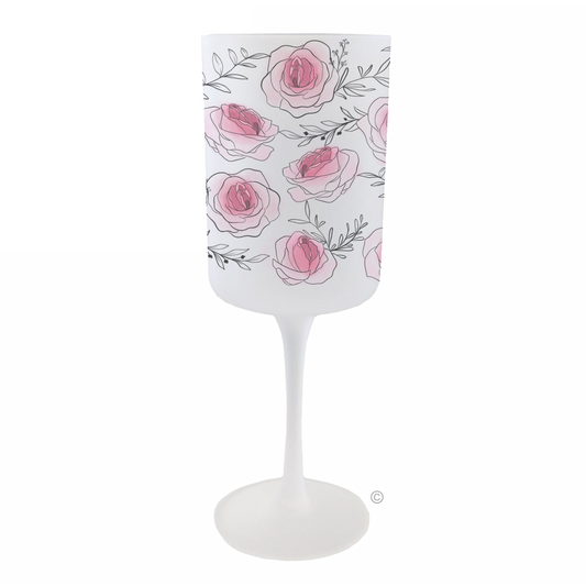 Vulva Roses Wine Glass – a frosted goblet with subtle feminine details and elegant floral design.