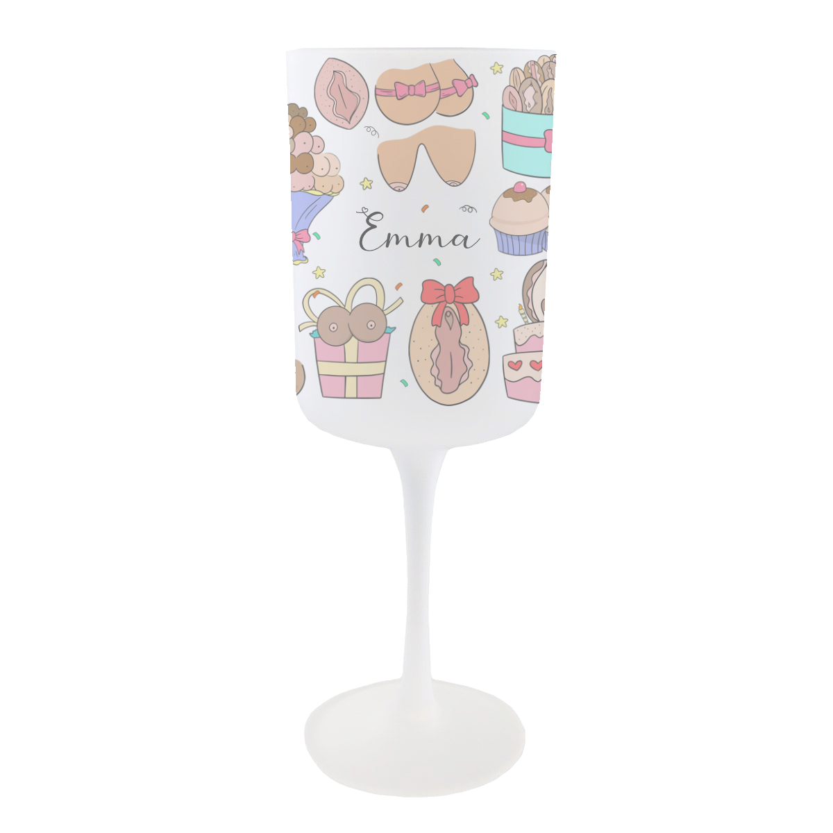 Personalised Bust & Bits Birthday Wine Glass – a frosted 275ml design with fun feminine doodles for bold birthday celebrations.