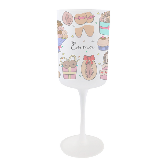 Personalised Bust & Bits Birthday Wine Glass – a frosted 275ml design with fun feminine doodles for bold birthday celebrations.