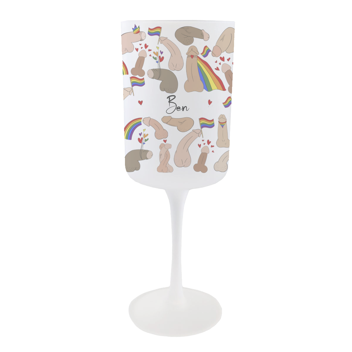 Personalised Pride Wine Glass – a frosted 275ml goblet featuring fun Pride characters and vibrant rainbow flair.