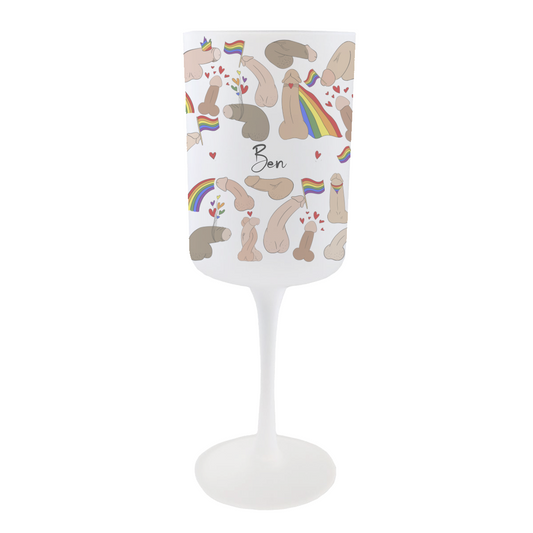 Personalised Pride Wine Glass – a frosted 275ml goblet featuring fun Pride characters and vibrant rainbow flair.