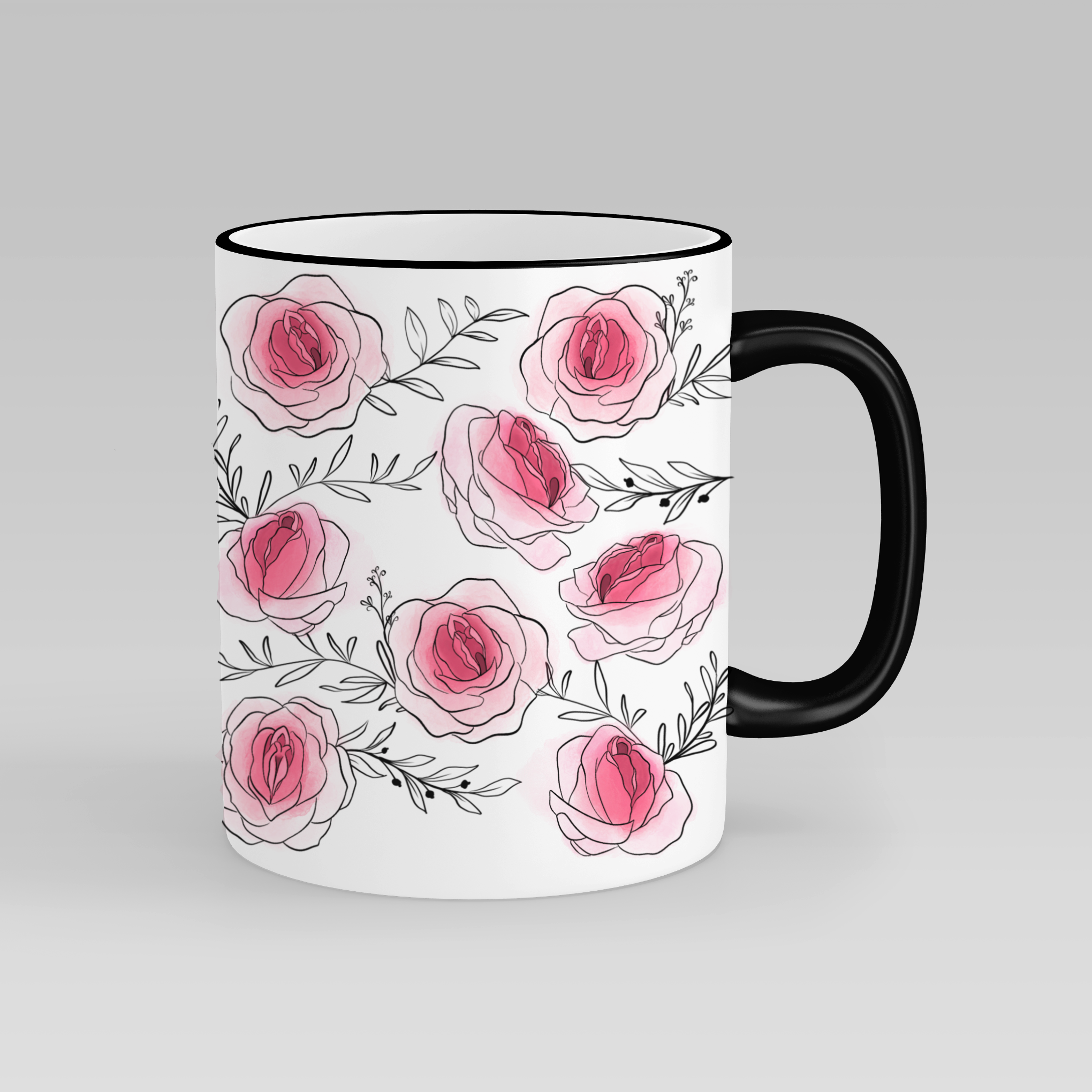 Roses vulva Mug – a beautifully artistic floral design with a hidden cheeky twist. Matching wine glasses available for the perfect gift set.