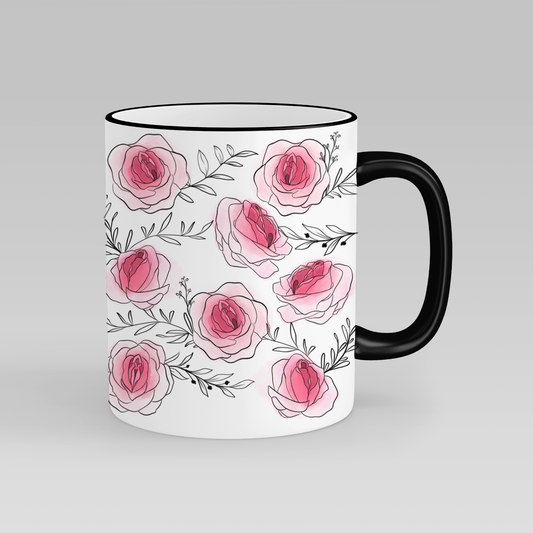 Roses vulva Mug – a beautifully artistic floral design with a hidden cheeky twist. Matching wine glasses available for the perfect gift set.